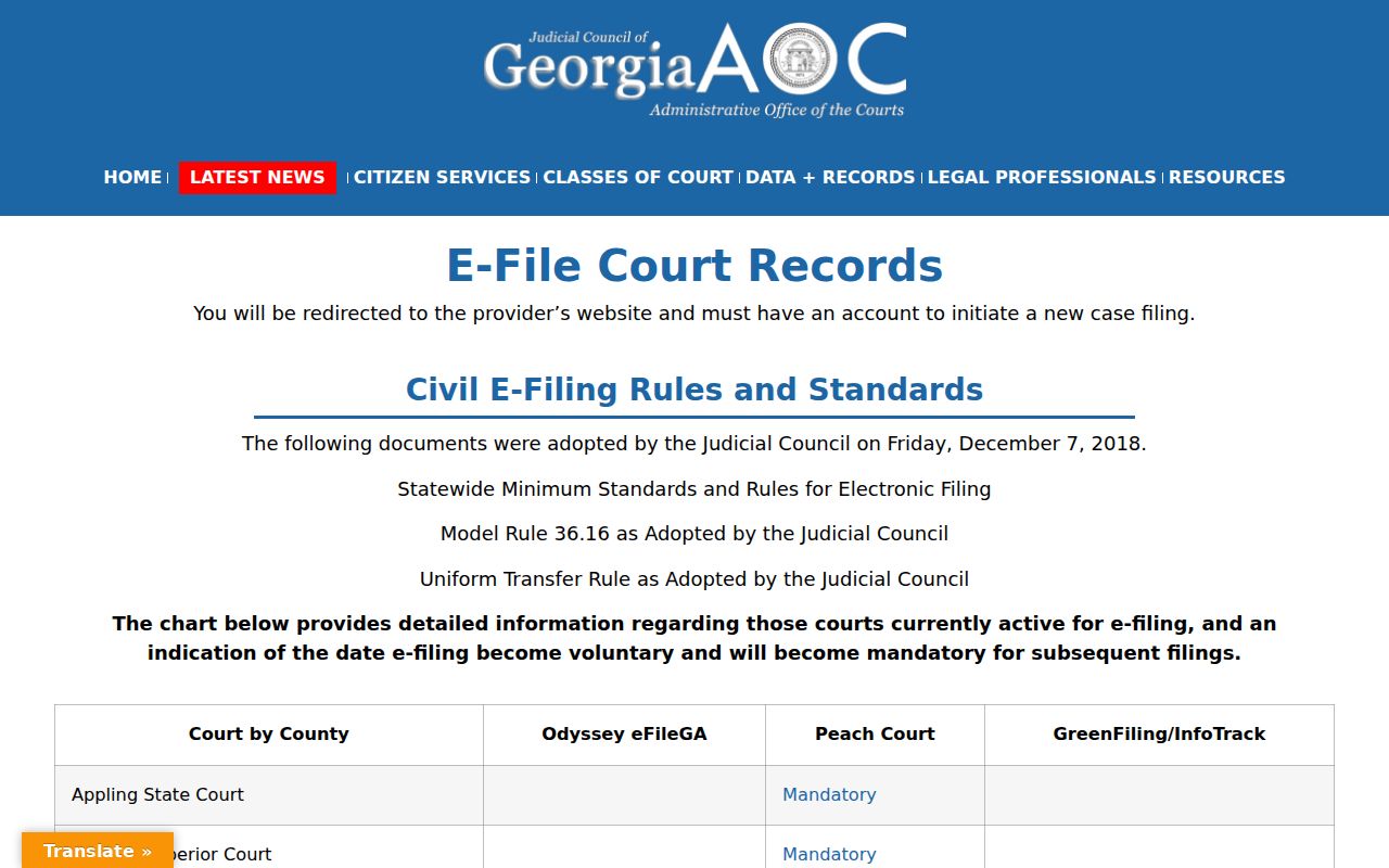 Georgia Courts electronic filing access for Jefferson County civil dockets