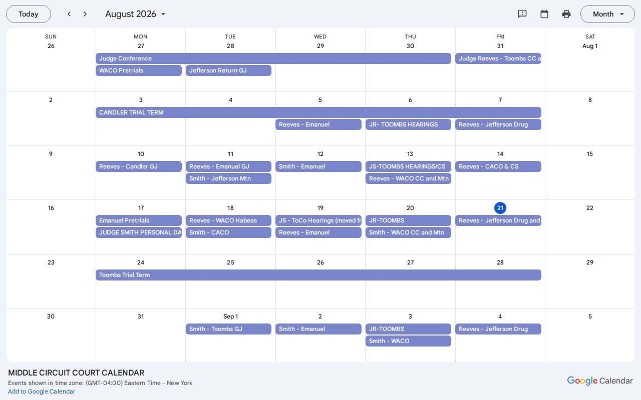 Middle Judicial Circuit 2026 Google Calendar for Jefferson County court dates