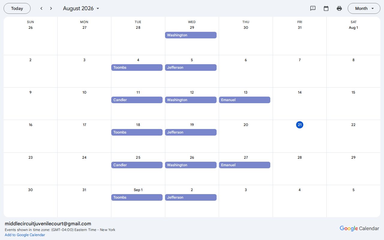 Middle Circuit Juvenile Court calendar used for Jefferson County scheduling