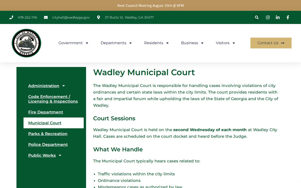 Wadley Municipal Court page with second-Wednesday court information